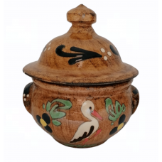 Beautifully handmade decorated ceramic vessel with a stork