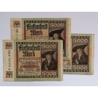 1922m. vokiškų 5000 markių banknotų rinkinys
